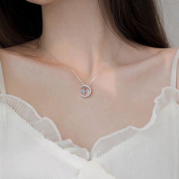 *925 Sterling Silver Diamond Moon Star Necklace P - Picture 3 of 9